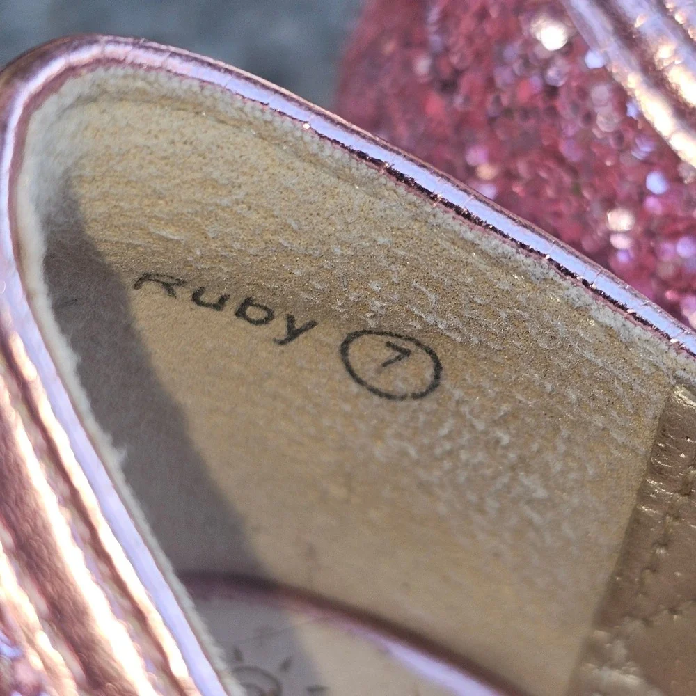 Pandanija Kids Girls Sparkly Pink Glitter Bow Mary‎ Jane Shoes Size 7